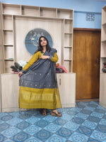 হাফ সিল্ক জামদানি তাঁত কাজের সালোয়ার কামিজ-বাসন্তী+অ্যাশ মিক্স কালার