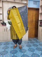 হাফ সিল্ক জামদানি তাঁত কাজের সালোয়ার কামিজ-বাসন্তী+অ্যাশ মিক্স কালার