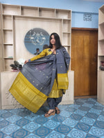 হাফ সিল্ক জামদানি তাঁত কাজের সালোয়ার কামিজ-বাসন্তী+অ্যাশ মিক্স কালার