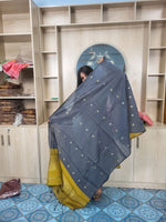 হাফ সিল্ক জামদানি তাঁত কাজের সালোয়ার কামিজ-বাসন্তী+অ্যাশ মিক্স কালার