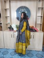 হাফ সিল্ক জামদানি তাঁত কাজের সালোয়ার কামিজ-বাসন্তী+অ্যাশ মিক্স কালার