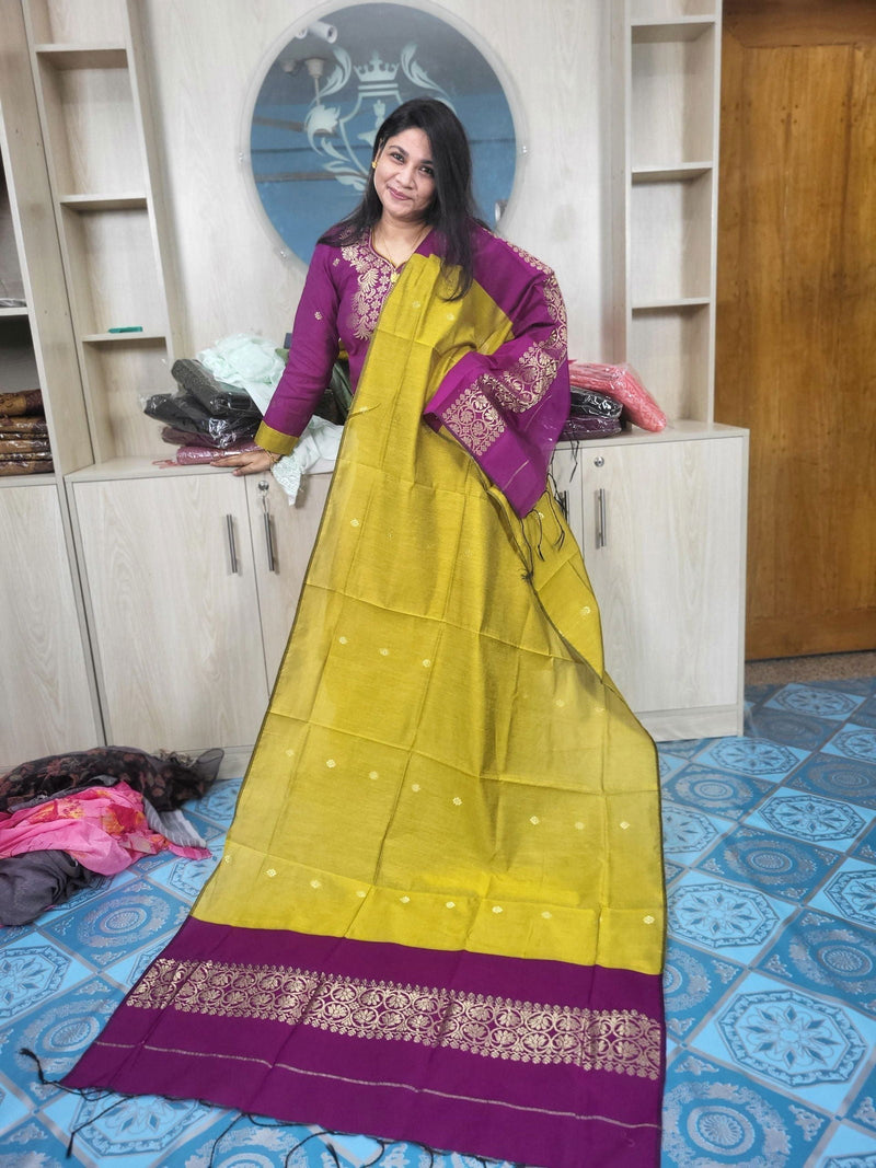হাফ সিল্ক জামদানি তাঁত কাজের সালোয়ার কামিজ-ম্যাজেন্টা+বাসন্তী মিক্স কালার